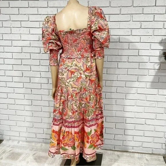 Farm Rio Women's Pink Macaw Flight Smocked Top Maxi Dress - Size Medium